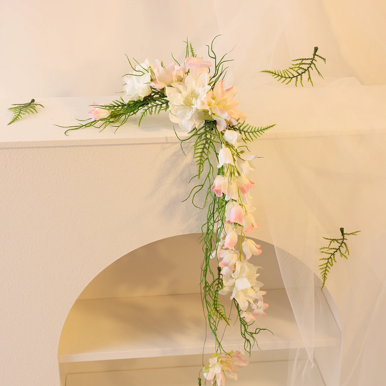 اليدوية الوردي الأبيض زهرة الجرس الاصطناعية زهرة طويلة ورقة العشب شرابة مشبك شعر الزفاف للعرائس إكسسوارات الشعر #6