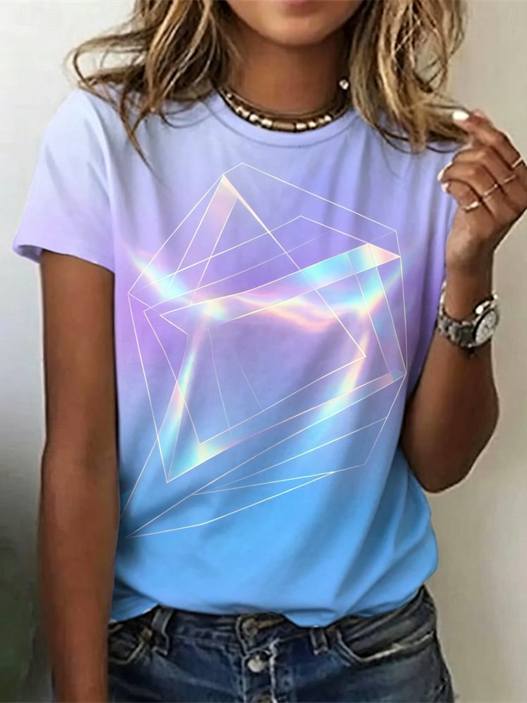 Women's Gradient Planet Print Crew Neck T-Shirt, Casual Short Sleeve Tops,  Galaxy-Themed Daily Wear for Spring & Summer
