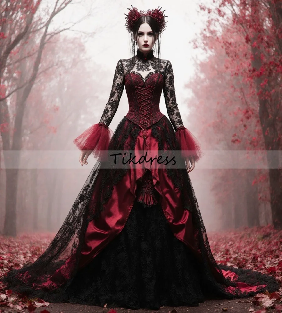 

Renaissance Black And Red Gothic Wedding Dress With Lace Long Sleeve Medieval Halloween Bride Dress Vampire Bridal Customized