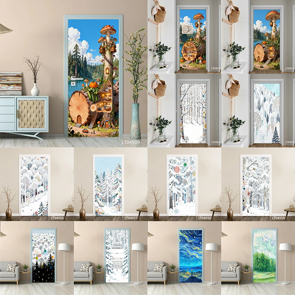 

Whimsical Forest Door Sticker, Removable Peel and Stick Self Adhesive Wallpaper, Winter Snowy Mural for Kids Room Home Decor