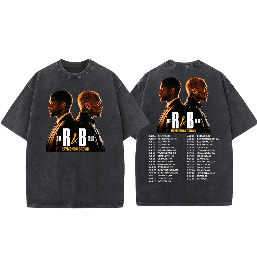 Usher X Chris Brown The R&B Tour 2026 Vintage Washed T-shirt Unisex Oversized Casual Streetwear Hip Hop Graphic Print Tee Tops