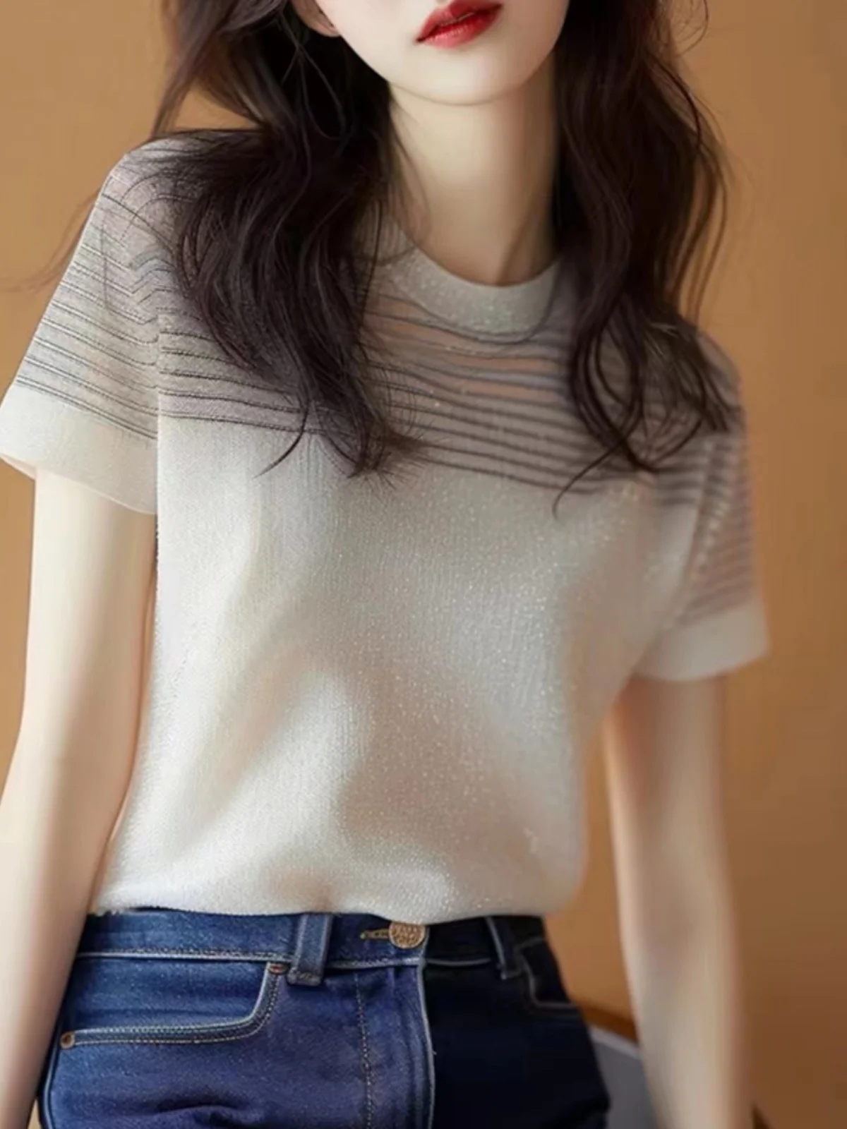 

Блестящая женская футболка с коротким рукавом и круглым вырезом, летняя новинка, европейский стиль, корейский свободный крой, базовая модель