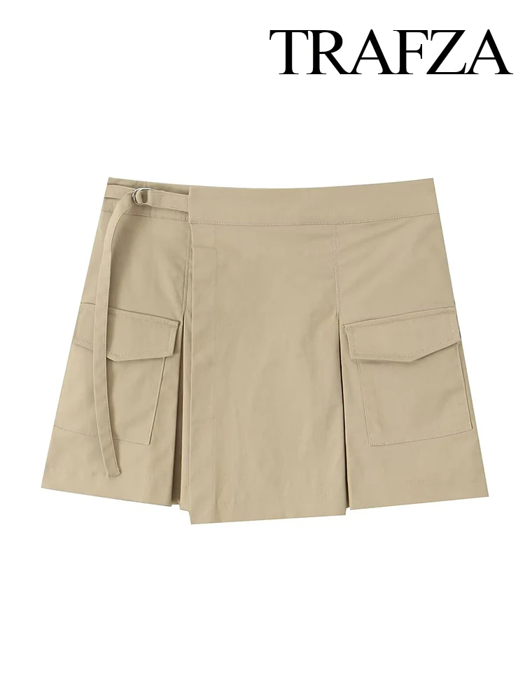 

TRAFZA женские летние модные плиссированные рабочие брюки-кюлоты с высокой талией, женские шикарные брюки на молнии с карманом и металлической пряжкой, юбка