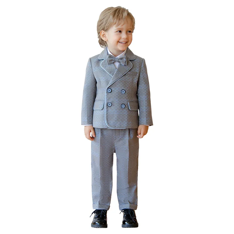 

Children's High-End Plaid Suit Set Boys Host Wedding Piano Performance Party Costume Kids Blazer Vest Pants Bowtie Outfit