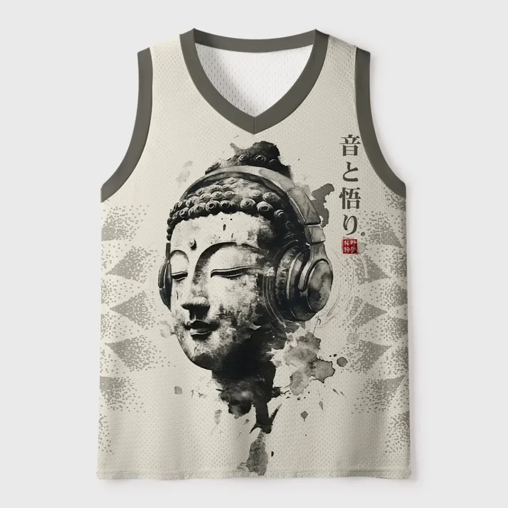 New Fashion Headphones DJ Buddha 3D Printed V-Neck Men's Large-Sized Shirt Street Trendy Outdoor Casual Breathable Hip-Hop Shirt