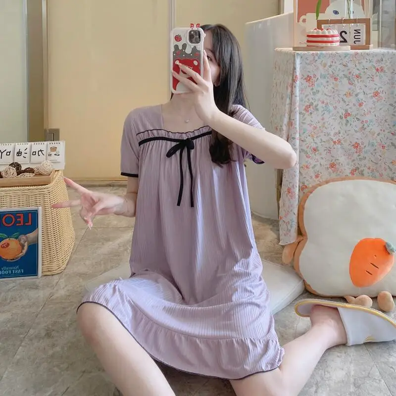 Fashionable Summer Women's Short Sleeved Nightgown Cartoon New Pajamas Loose Fitting Teenagers Simple Short Sweet Home Clothes