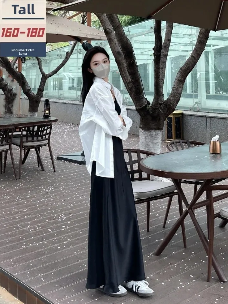 

Bla Satin Extended High Waist f-length Skirt Women's Summer Slimming Long Skirt A-line Korean Sle Commute Pure Color