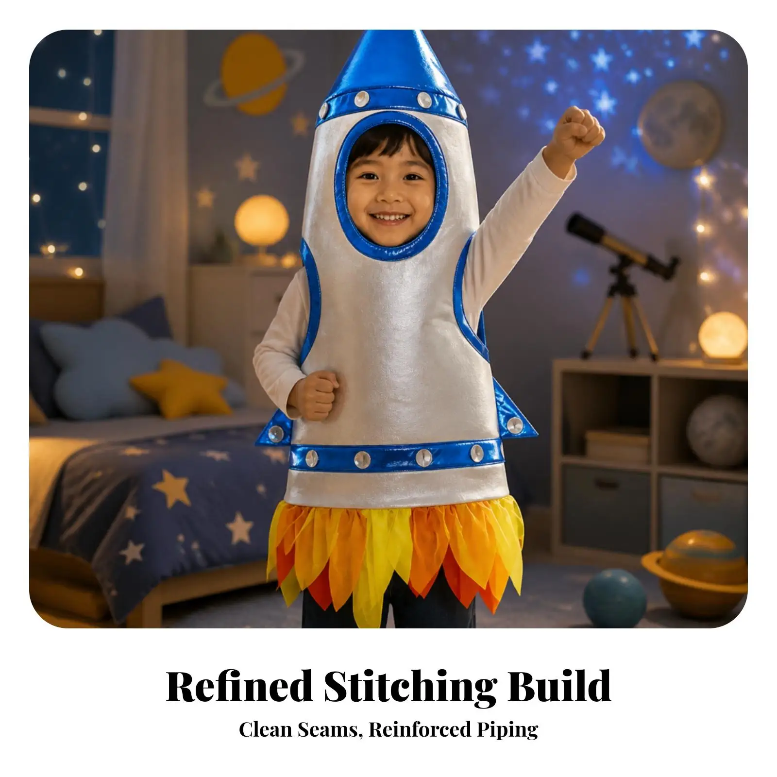 Child Astronaut Shuttle Outfit Silver Blue Trimmed Costume with Flame Hem for Carnival Dress Up and School Events