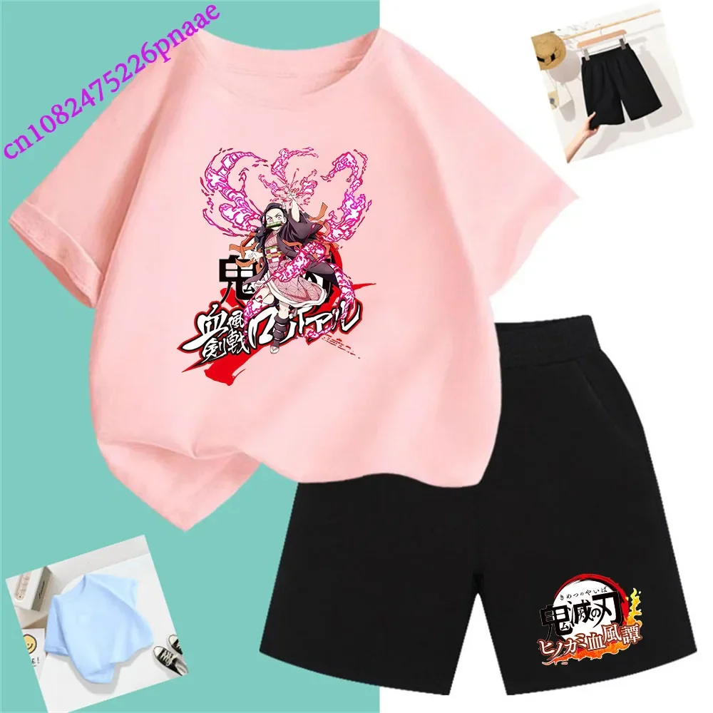 Demon Slayer t shirt Fashion Summerdress2024 Short Kid Short T-shirt Baby Tee Sets Fashion Casual O-neck Breathable KawaiiShorts