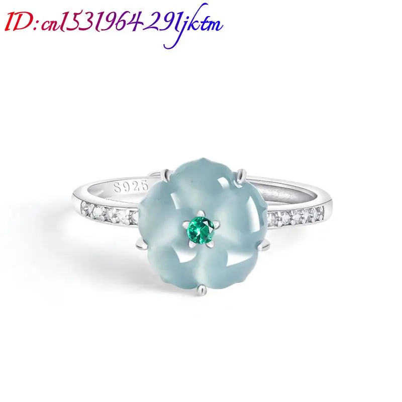 Blue Burmese Jadeite Flower Rings 925 Silver Natural Burmese Jade Luxury Talismans Fashion Accessories Gifts for Women view 3