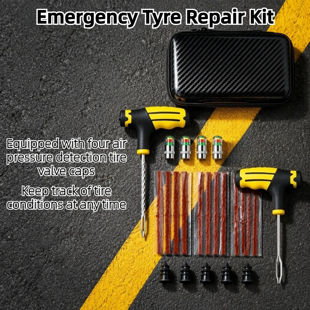 Flat Tire Puncture Repair Kit Ergonomic T-Handle Reamer Rubber Plugs Visual Pressure Indicator Caps Compact Zip Case for Car SUV