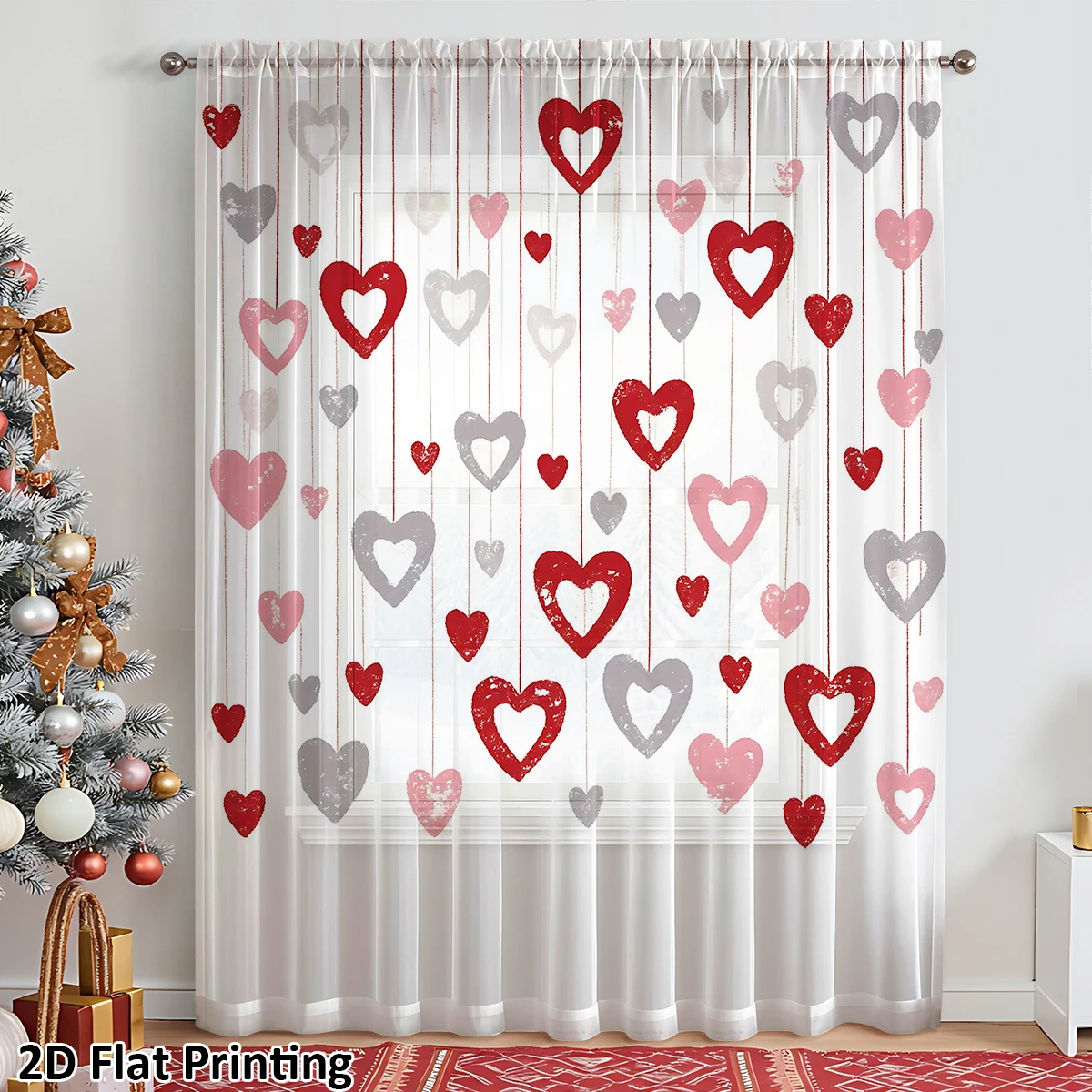 One-Piece Color-Block Heart Window Curtain Sweet Cool Romantic Style Festive Warm Atmosphere Decorative Window Treatment