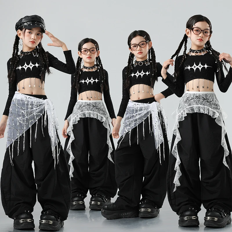 

New Black Kpop Dance Costume Girls Jazz Performance Outfit Hip Hop Baggy Pants Children School Show Street Dance Clothes VBH2221