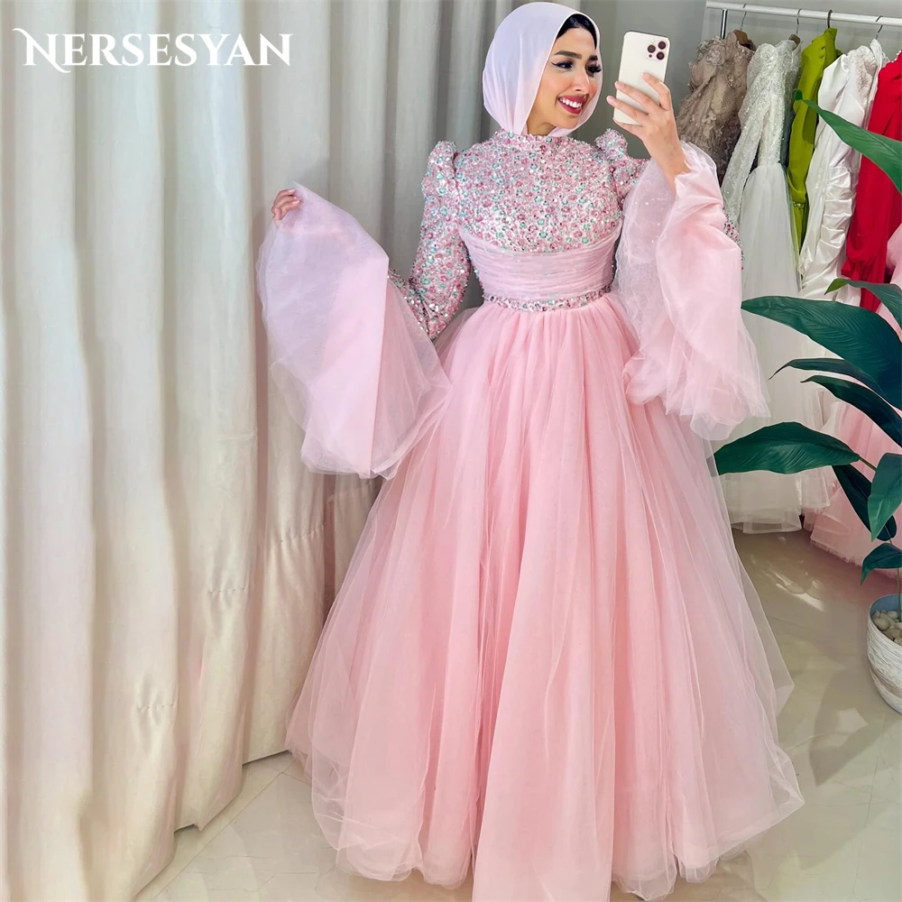 

Nersesyan Colorful Glitter Fromal Evening Dresses Sequins Sparkly A-Line Flare Sleeves Prom Dress For Wedding Pleats Party Gowns