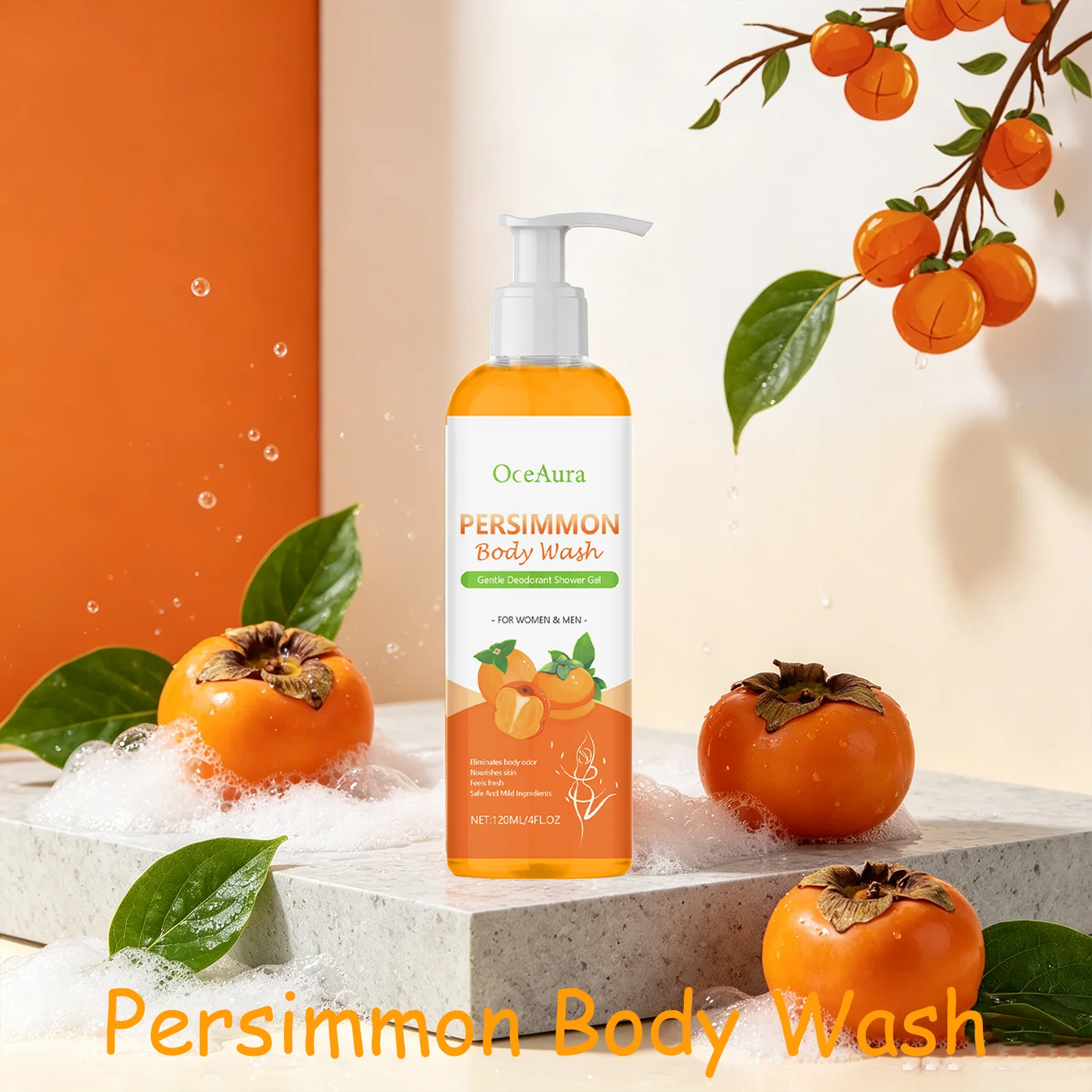 OceAura Persimmon Body Wash Body Odor Eliminator Deep Nourishment LongLasting Fragrance Unisex FullBody Cleansing Shower Gel