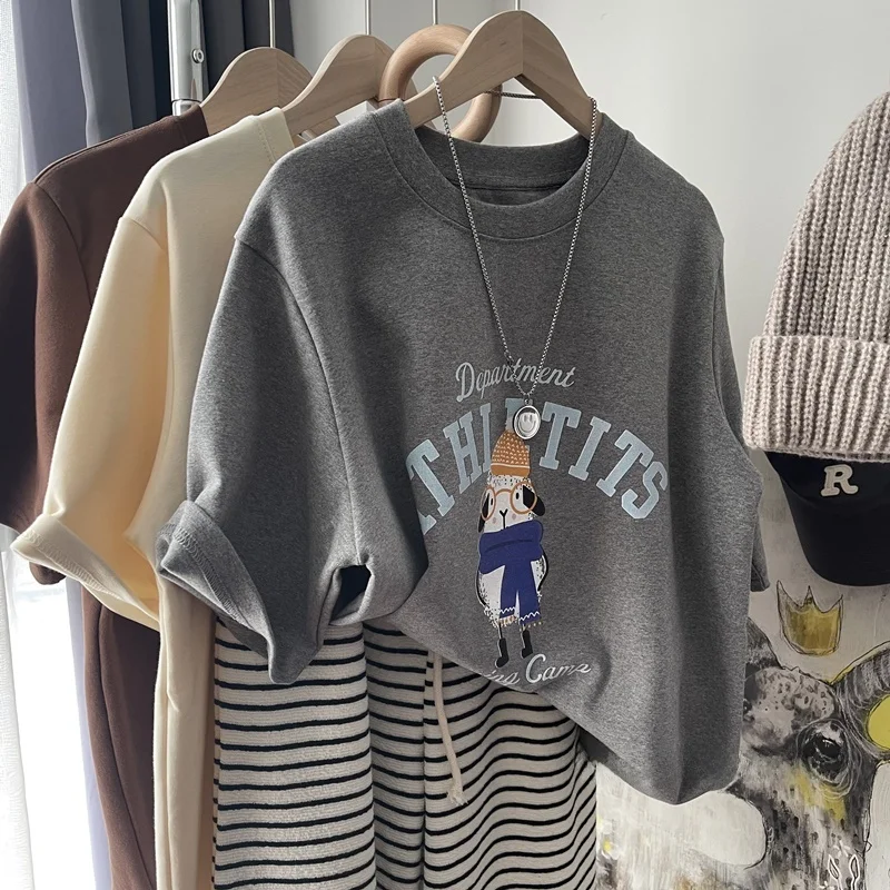 Retro Chic Hong Kong Sle Cartoon Pure Cotton ort Sve Women's T-irt Summer Design Oversize f Sve Top