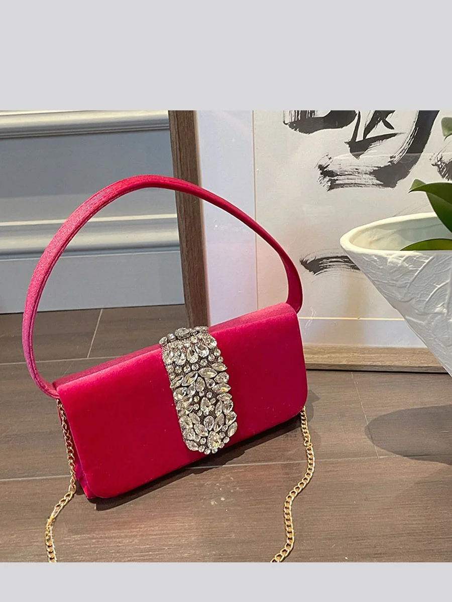 

UGALS Silk Satin Diamond Encrusted Small Square Box Bag Evening Sparkling Underarm Crossbody Bag Sweet Lady Style Pure Color