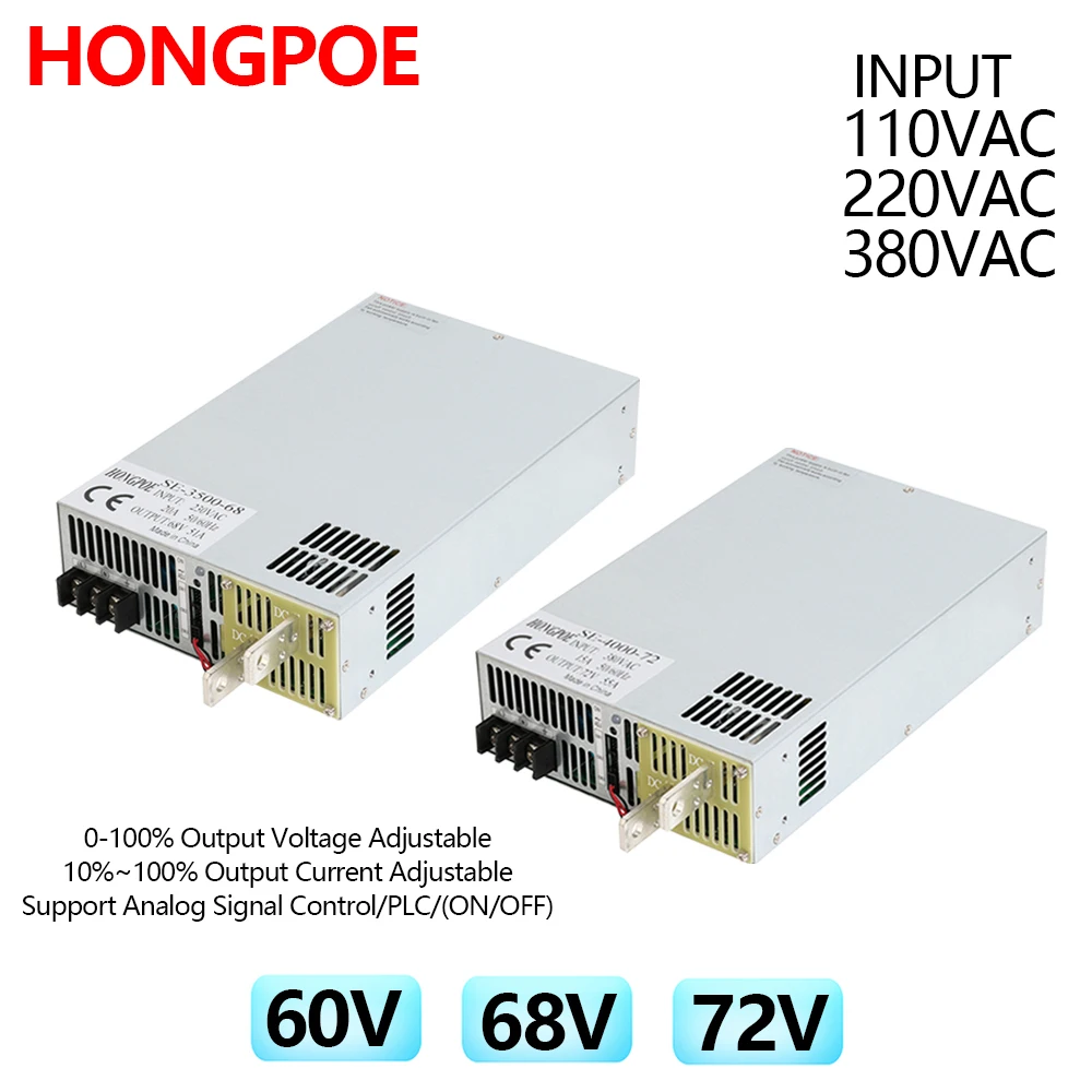 110VAC 220VAC 380VAC to DC 0-60V 68V 72V Power Supply 1500W-8000W 0-5V Analog Signal Control Output Voltage/Current Adjustable