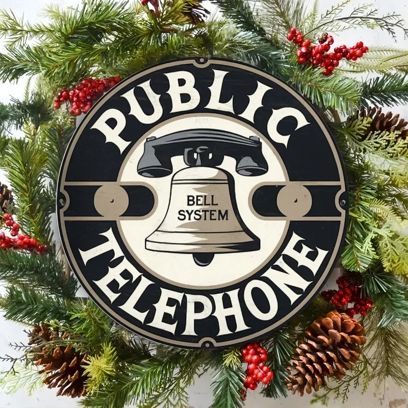 2D Printed Wooden Signboards - Retro Public Telephone Sign with Bell System, Vintage Wood Art Wall Decor, Multi-Purpose