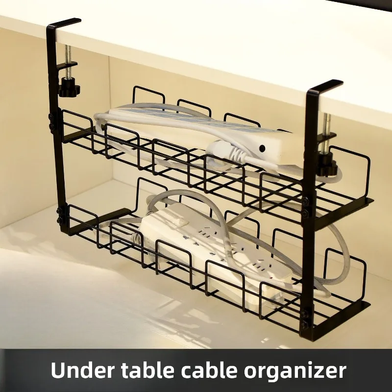 

2-Tier Under Desk Organizer - No Drill Cable Management Shelf with Power Strip Slot, Office Wire Hider & Storage Rack