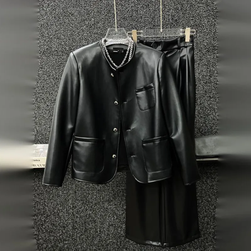 WVGA Autumn Winter New Men Tide Darkwear Collarless Trendy Leather Jacket Niche Chic Casual Straight Pants Two Pieces Set W16021