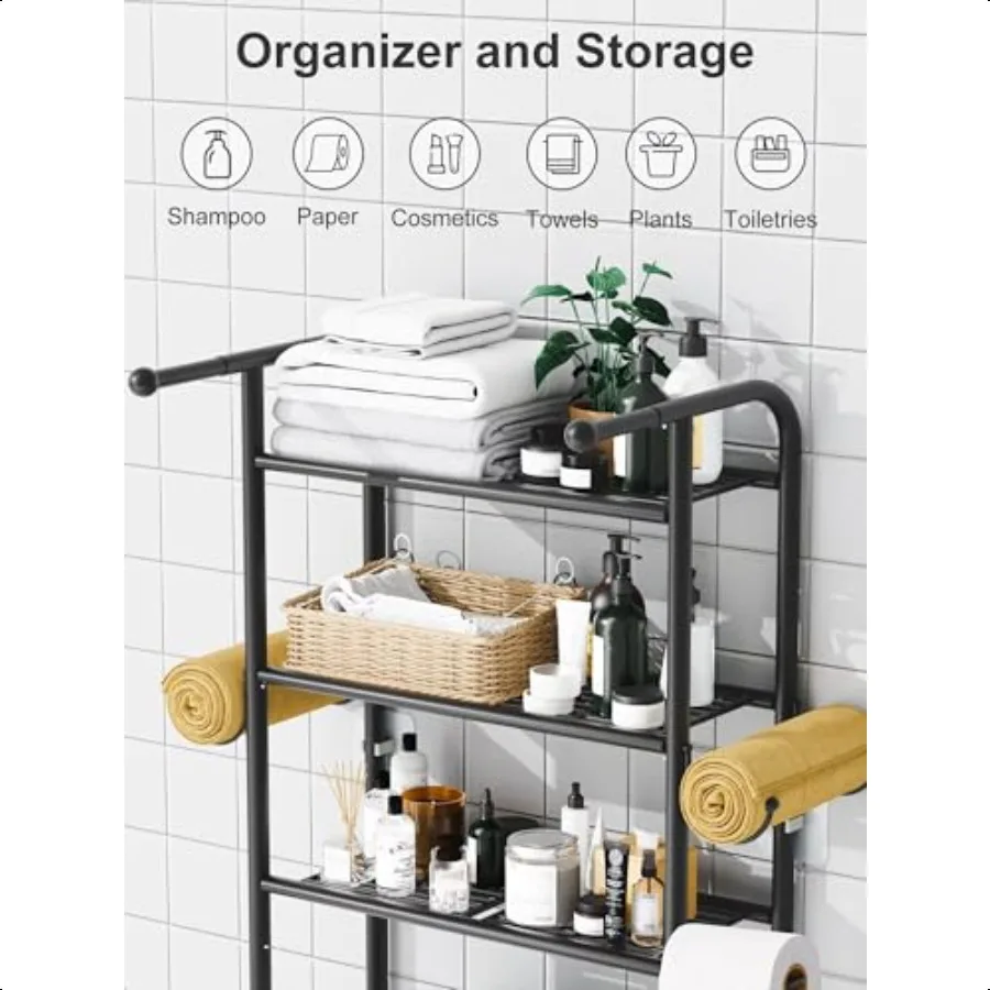 3-stufiges Aufbewahrungsregal über der Toilette, Badezimmer-Organizer und Aufbewahrung über der Toilette, Metall-Badezimmer-Platzsparer mit 2 Stangen, 1 Papierhalter