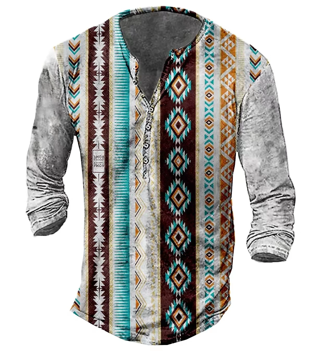 Vintage Men\'s T-Shirts With Button Ethnic Pattern Print Spring Autumn Loose O-Neck Long Sleeve Oversized T Shirts Male Clothing