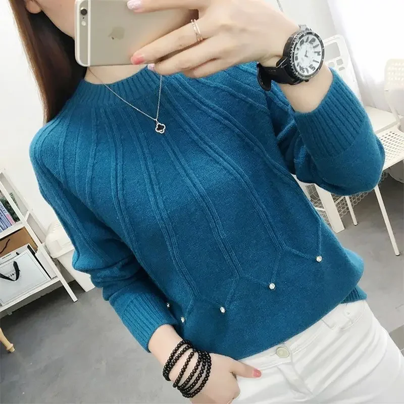 Fashion O-Neck Solid Color Diamonds Sweater Women\'s Clothing Spring New Loose Casual Pullovers All-match Korean Tops V1477