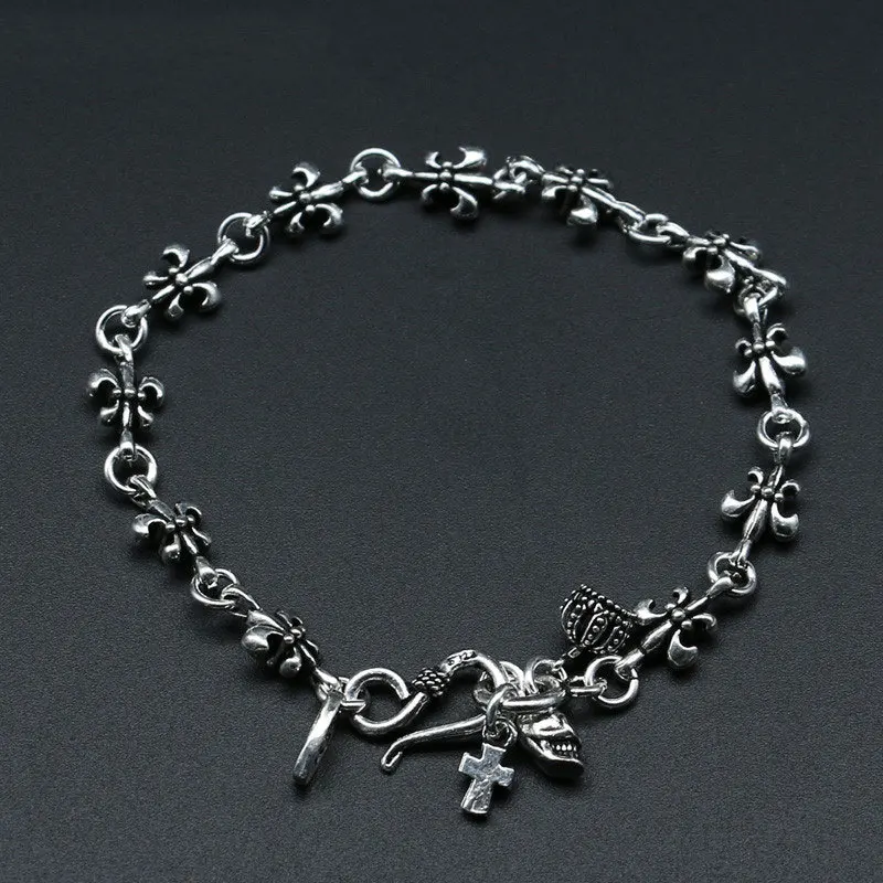 

Japanese and Korean hip-hop nightclub children's military flower pure silver men's and women's bracelets Chaotai silver personal