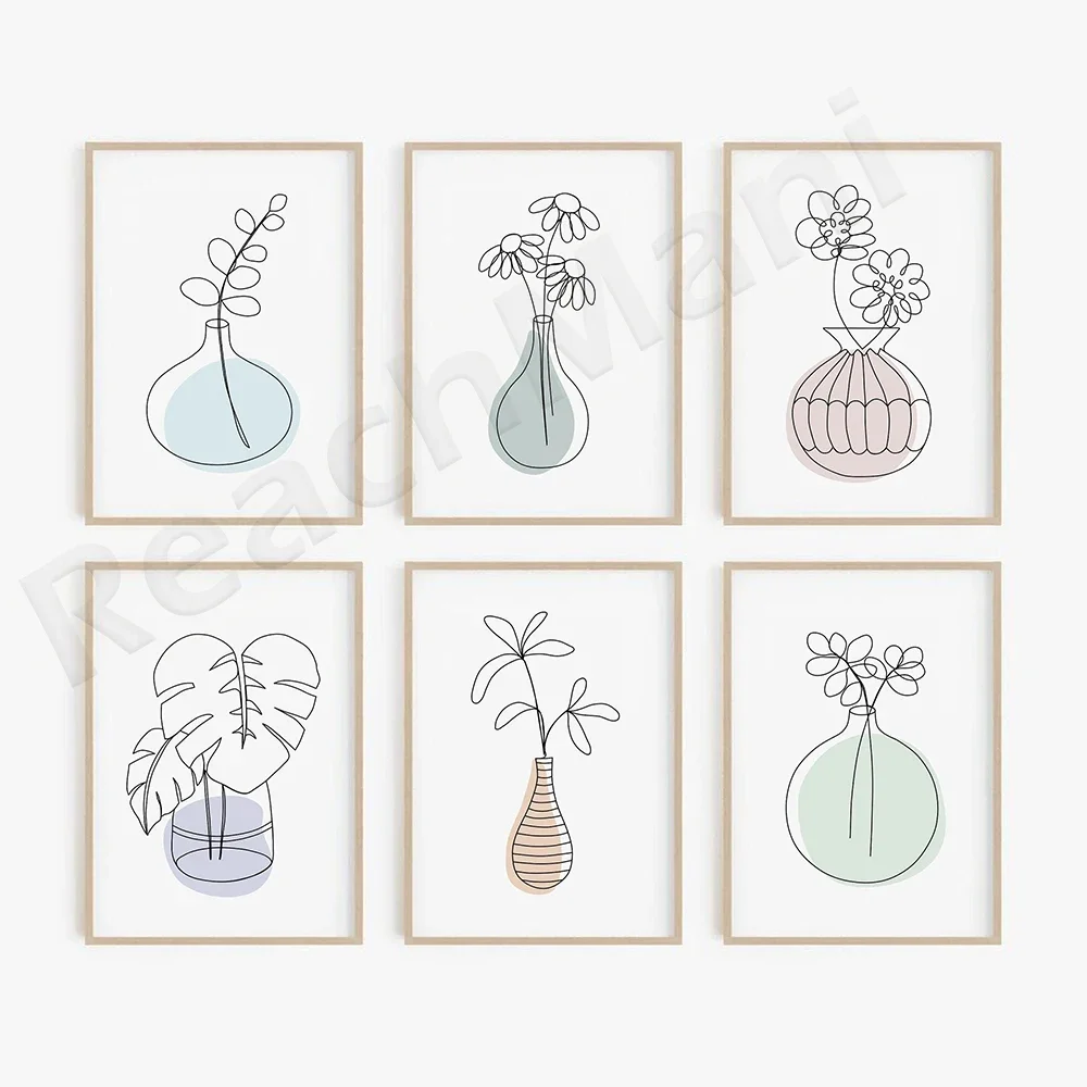 Minimal Botanical Line Art Print , Abstract Vase Floral Printable Wall Art, Flower Line Drawing, Gallery Wall,