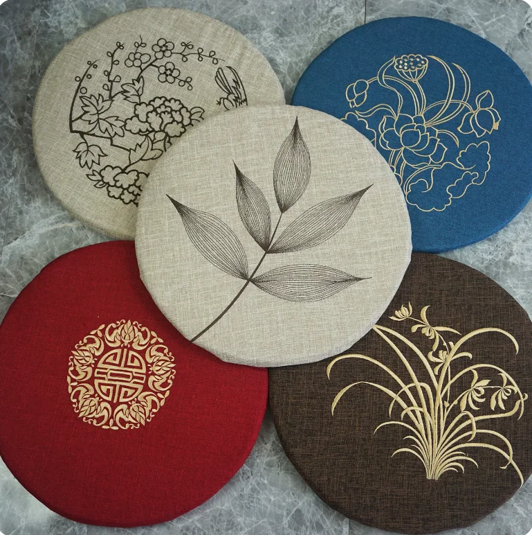 Chinese Style Round Chair Cushion Linen Embroidery Foam Seat Pad Non Slip Washable Cushion For Rattan Chair Mahogany Tea Chair