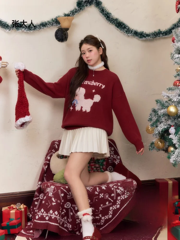 

Красный свитер с высокой талией, комплект трапециевидной юбки больших размеров, женский модный осенне-зимний наряд, корейская утягивающая плиссированная юбка