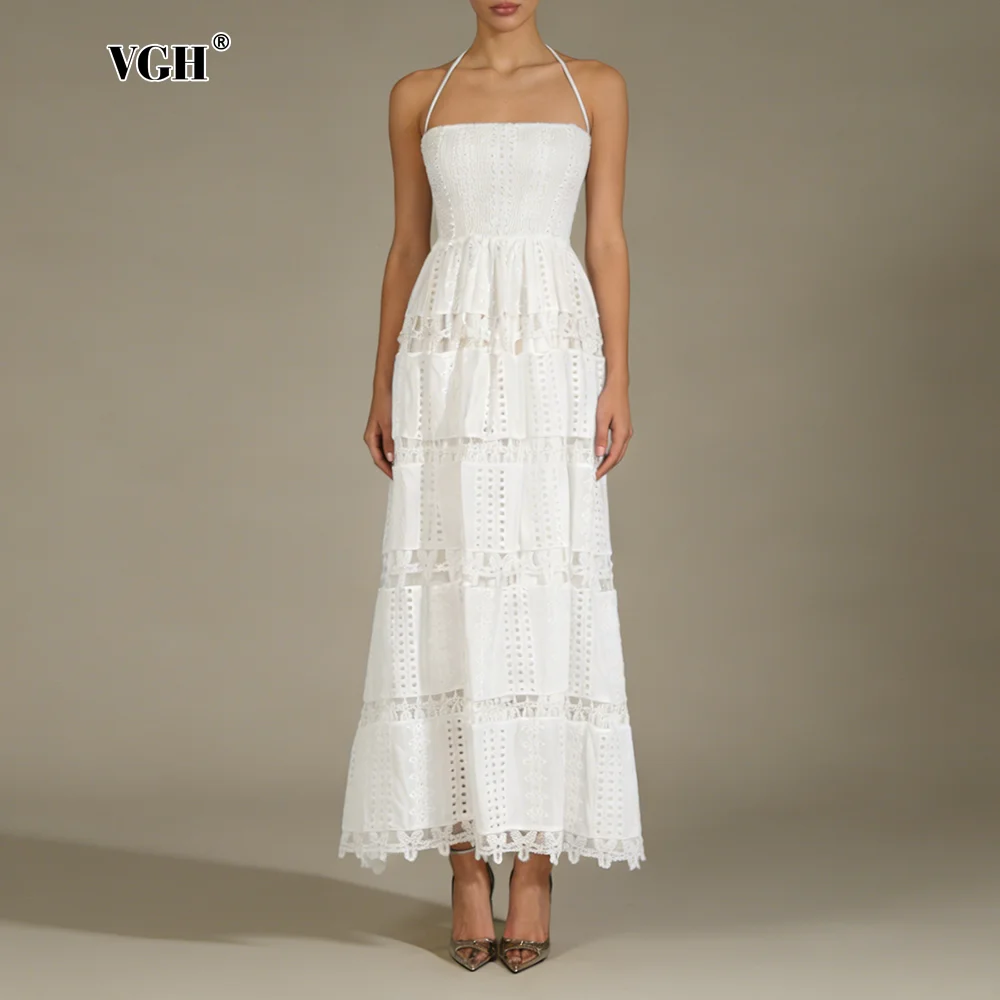 VGH Weißes Freizeitkleid in Midi-Länge für Damen, Neckholder, trägerlos, hohe Taille, Patchwork, ausgehöhlt, modische Kleider für Damen