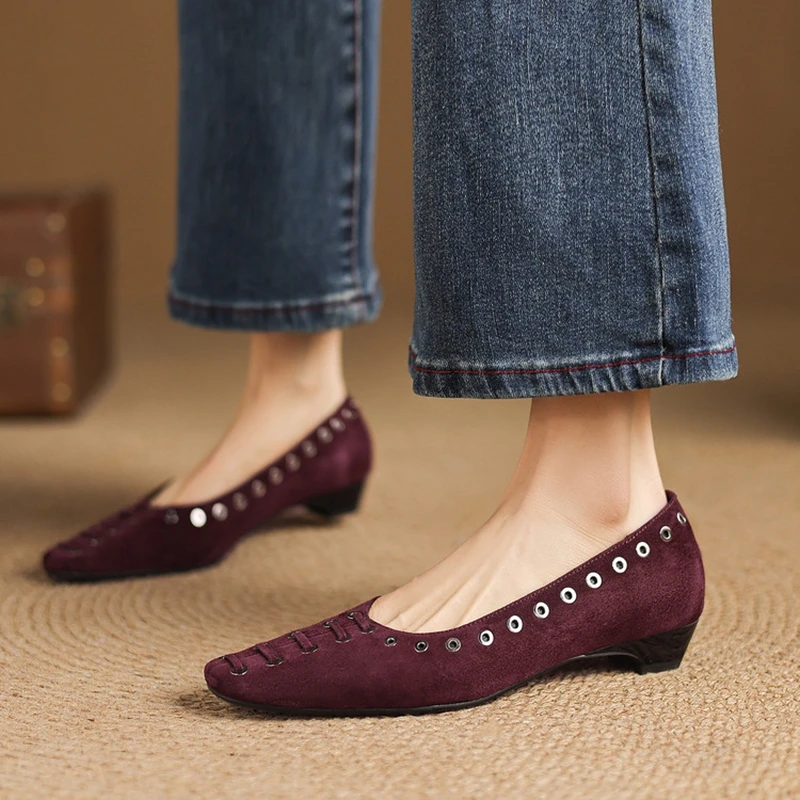 NEW Spring/Autumn Women Pumps Sheep Suede Leather Shoes for Women Square Toe Chunky Heel Shoes Shallow Slip-on Rivet Daily Shoes