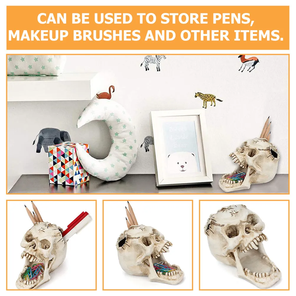 Skull Pen Holder Resin Desktop Stationery Holder for Pens Pencils Makeup Brushes Office School Study Room Decorative Brush