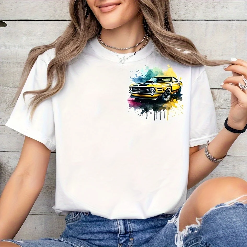 A set of 12 brightly colored heat transfer stickers, featuring classic American muscle cars, perfect for T-shirts and fabric projects