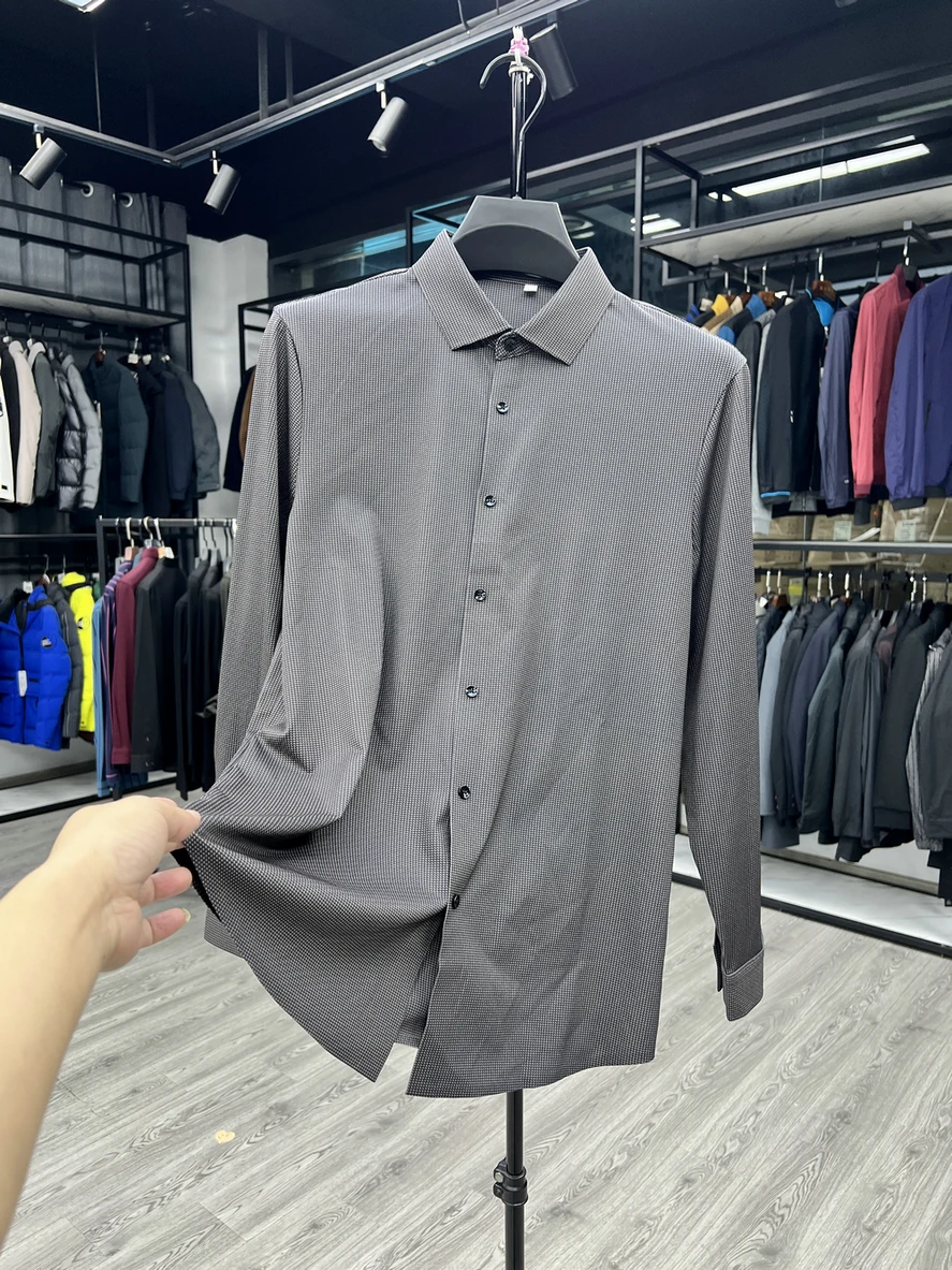Seamless Long Sleeve Slim Fit Commute Shirt Birdseye Pattern No Brand Pressed Rubber Thin Polyester Spandex Men's Button up