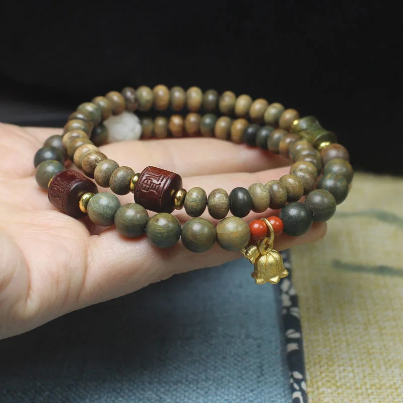 Green Sandalwood Double-Layer Bead Bracelet with Lily of the Valley Pendant, Creative DIY Accessory for Men and Women, Buddhist