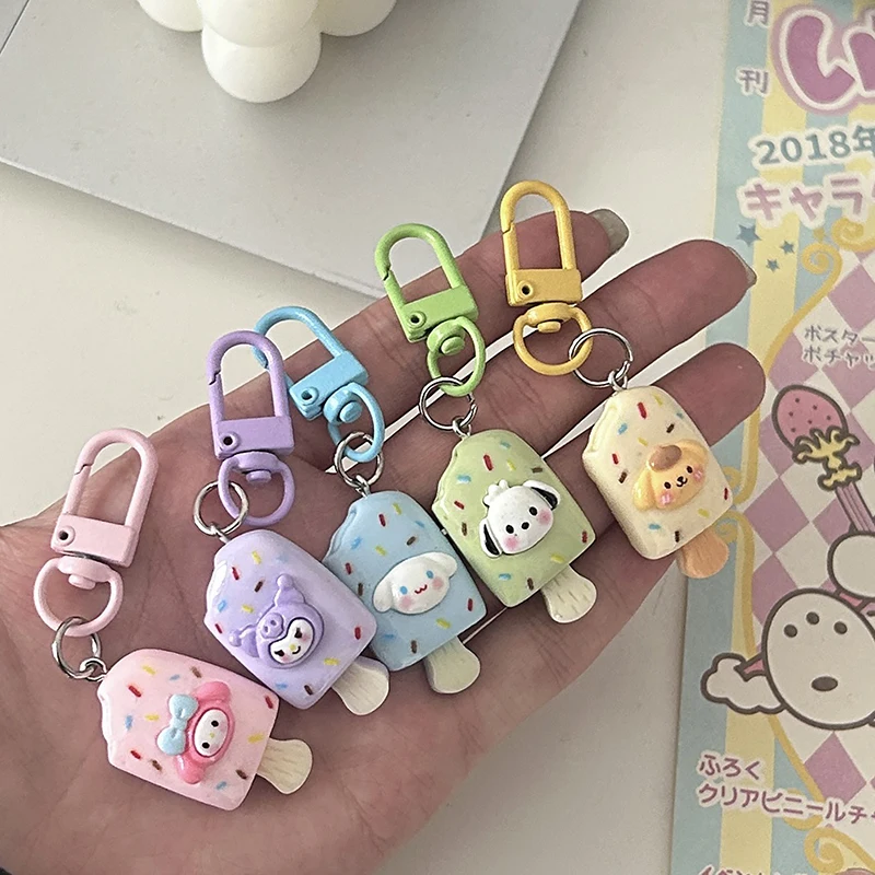 1PCS Kawaii Cute Ice Cream Kuromi Cinnamoroll My Melody Key Holder Keychain Cartoon Anime Popsicle Keyring School Bag Pendant