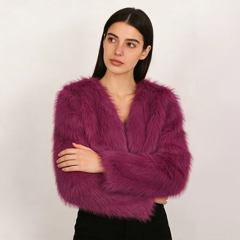 Damski płaszcz futrzany jesienno-zimowy, nowy, jednolity kolor, długi rękaw, krótki krój, modny, pluszowy, gruby, ocieplany futrem.