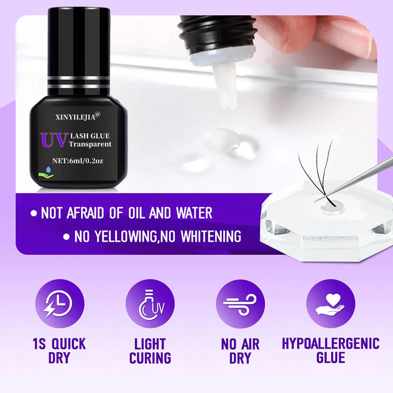 Cola para cílios postiços uv, 6ml, sem tpo, adesivo para extensão de cílios, cura leve, secagem rápida, roxo, preto, gel, ferramentas de maquiagem