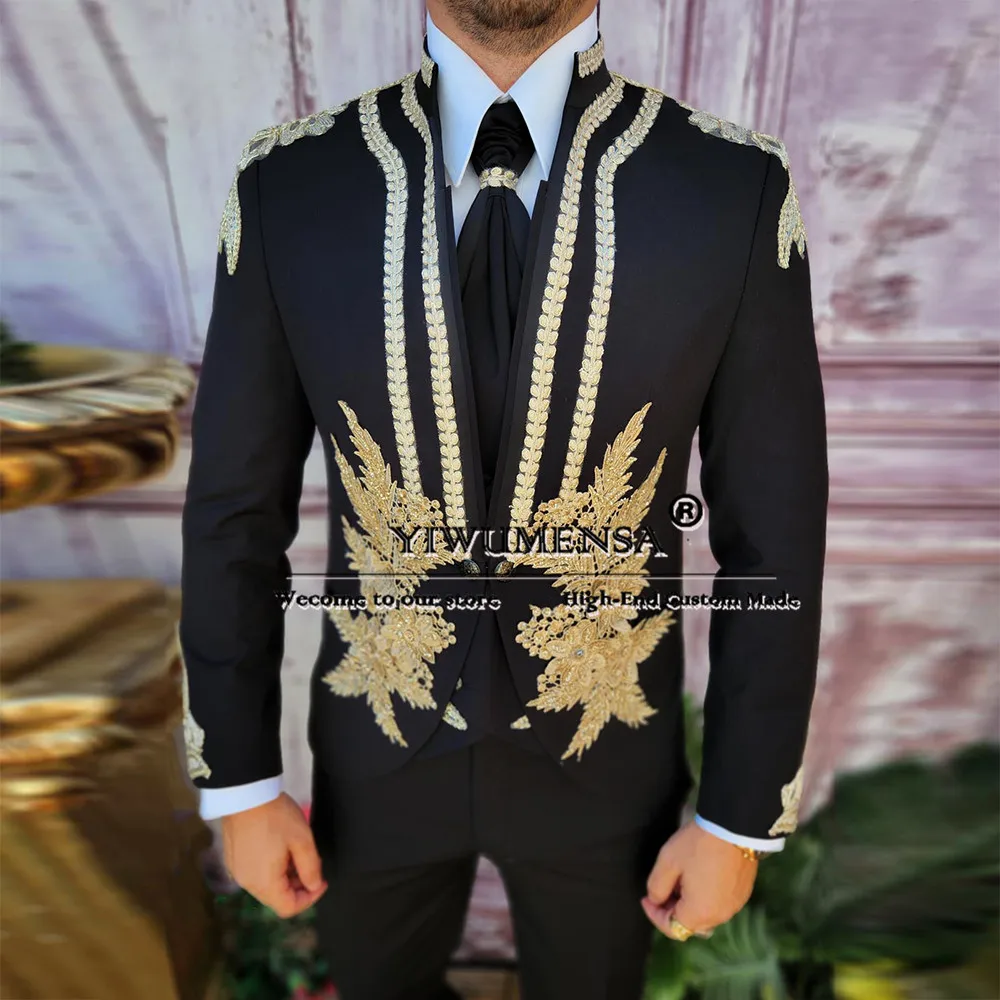 

Latest Design Groom Wear Suits Gold Appliques Stand Collar Prom Blazer Custom Made Man Formal Party Tuxedo Slim Fit Men's Dress