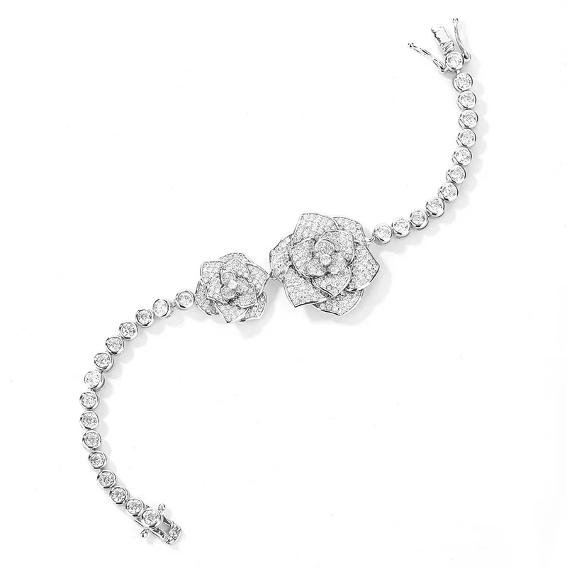 S925 Silver Luxury Set with Diamond Camellia Rose Bracelet Fashionable Design Sense Bracelet for Female Live Streaming, Small