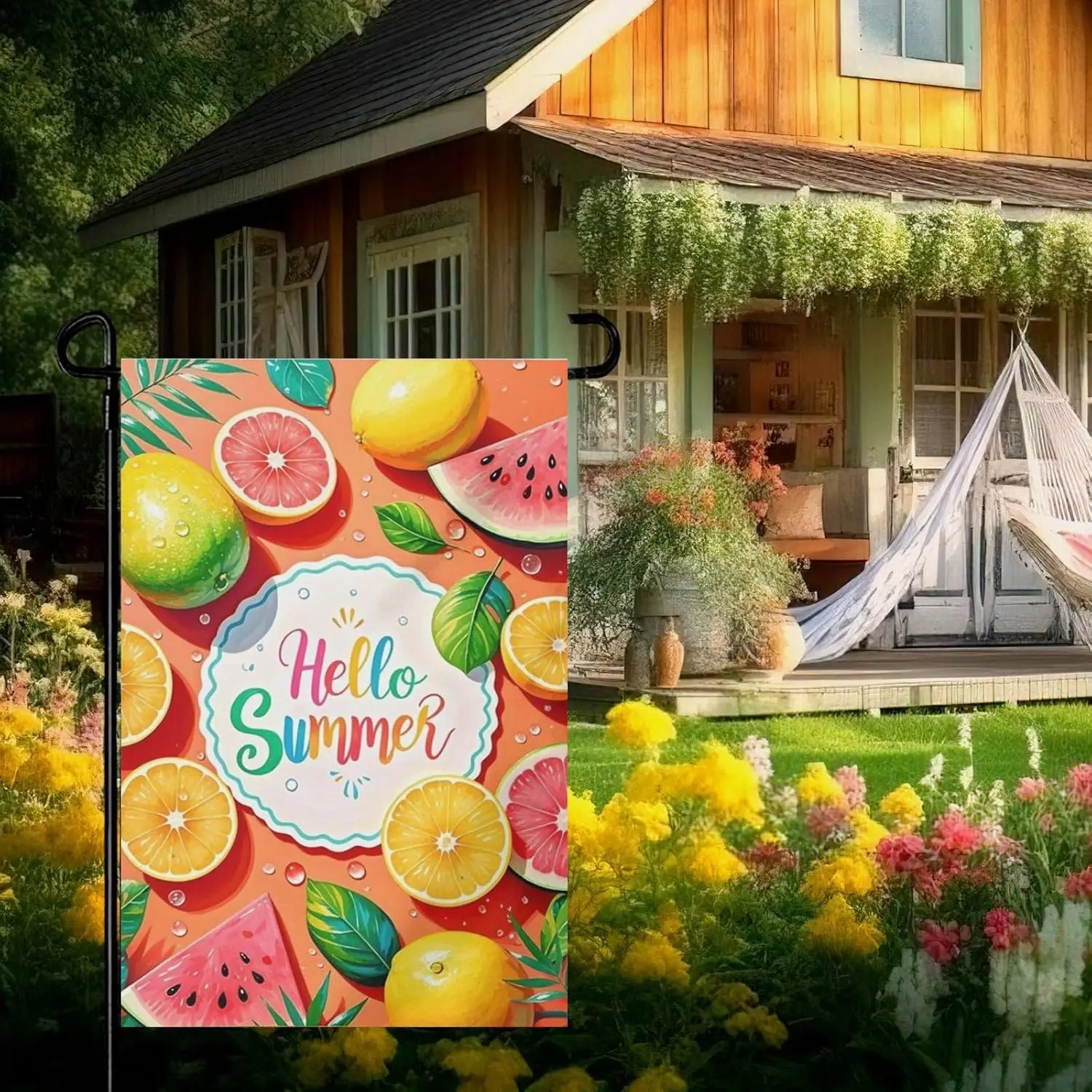 Hello Summer Tropical Fruit Orange Watermelon Garden Flag House Flag Yard Banner for Outside Flower Pot Double Side Print 12 SSL