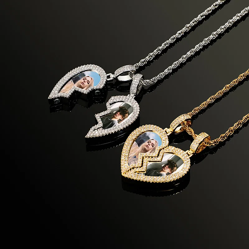 Magnetic Broken Heart Couple DIY Photo Pendant Necklace Iced Out Hip Hop Split Locket Necklace Unisex Fashion Jewelry Wholesale