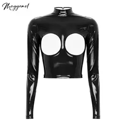 Womens Shiny Metallic PVC Leather Mock Neck Zipper Back Long Sleeve Sexy Open Cup Crop Tops Exposed Breast Coat Jacket Clubwear