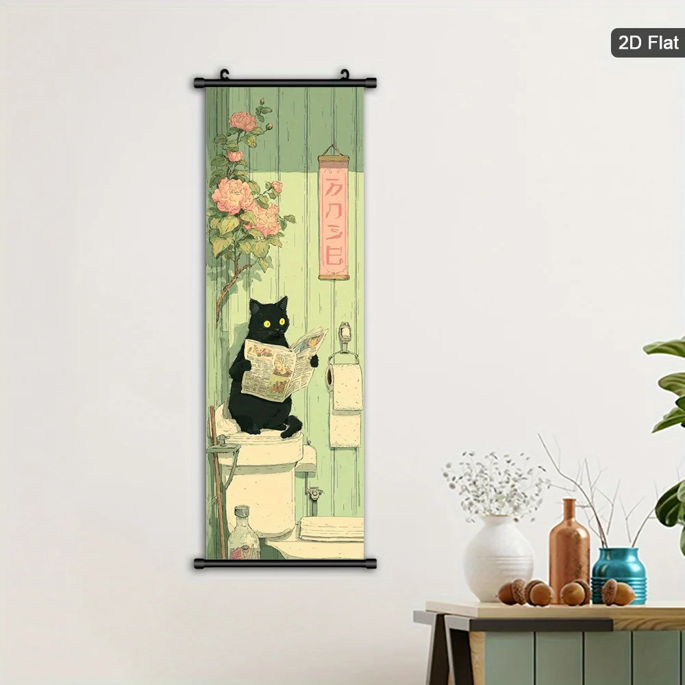 VIKAMA Black Cat Vintage Canvas Wall Art Scroll Poster Green Background for Living Room Bedroom with Hook