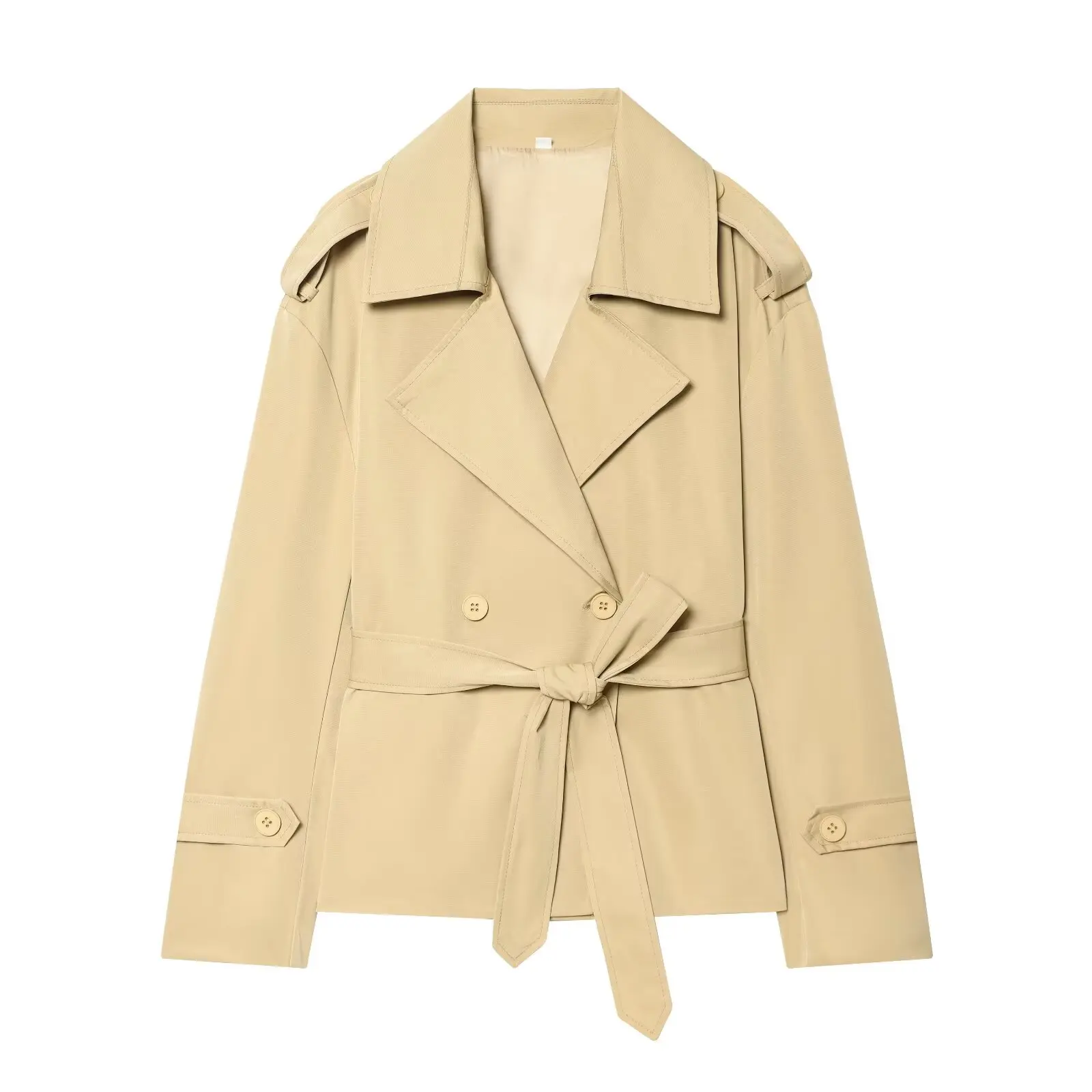 Nlzgmsj 2026 Frühling Französischer Stil Damen Kurzer Trenchcoat Doppelreihig mit Gürtel Reverskragen Langarm Eleganter Windbreaker – Detail 2