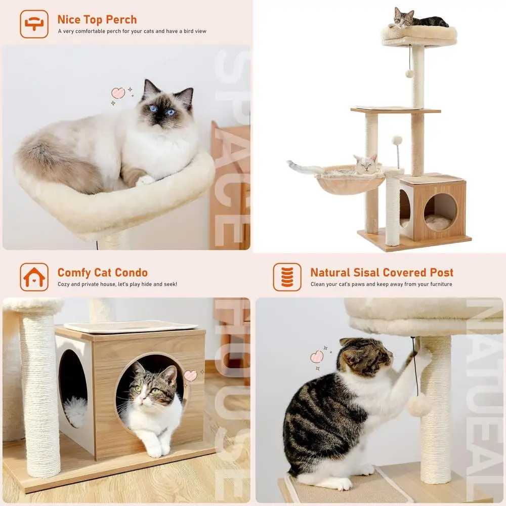 

Многоуровневая кошачья башня для дома с большим кондотом, гамаком, верхним окунем, когтеточкой и свисающими шариками