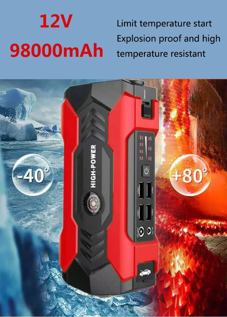 Carro Jump Starter Starting Device, Bateria Power Bank, Auto Buster, Impulsionador de emergência, Carregador, 98000mAh